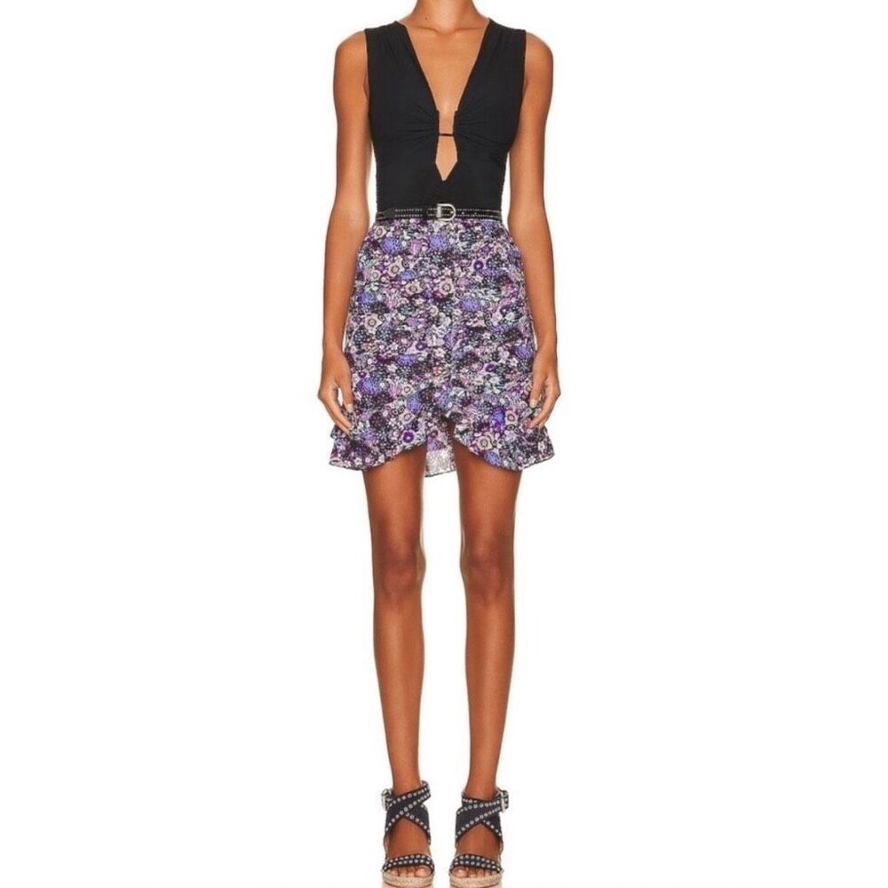 NWT Isabel Marant 40 Milendi Ultra Violet Silk Ruched Floral Mini Skirt Medium